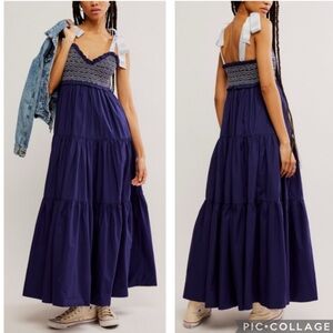 Free People Bluebell Tiered Smock Maxi Dress Navy‎ Blue XL